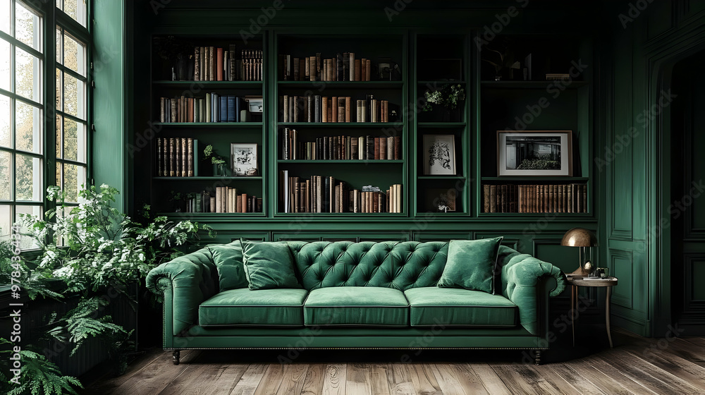 Green Velvet Sofa Interior Design With Bookshelves and Green Plants Green Velvet Sofa Interior Design With Bookshelves and Green Plants