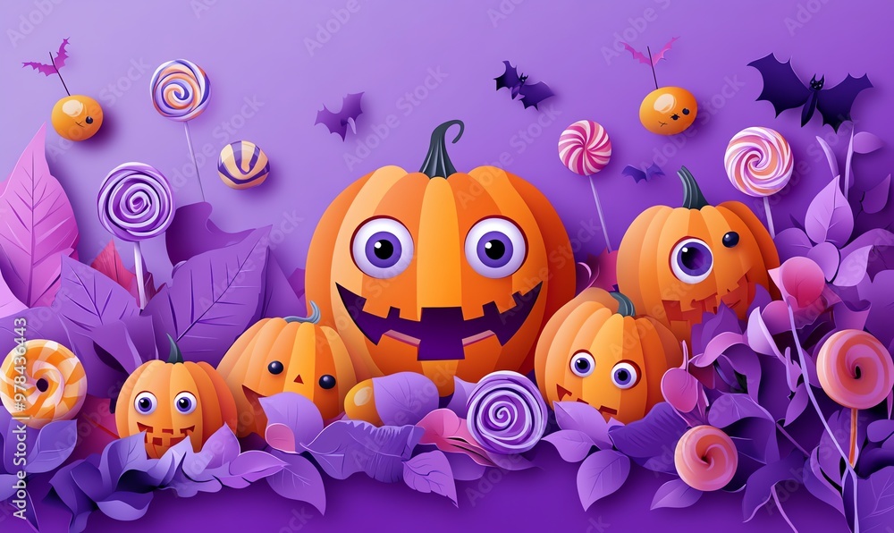Smiling cartoon pumpkin face in a Halloween banner in paper cut out style Smiling cartoon pumpkin face in a Halloween banner in paper cut out style