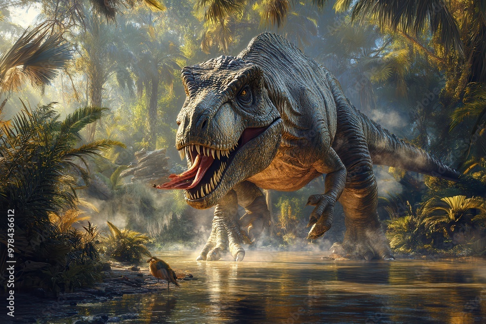 Fototapeta premium A fierce dinosaur emerges from a lush jungle, showcasing its grandeur and power in a prehistoric landscape filled with vibrant life.
