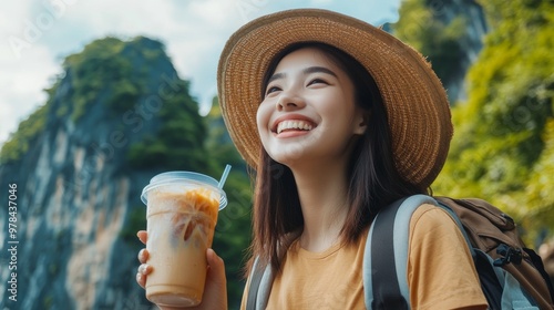 78. Close-up of a happy Asian woman traveler with a plastic cup of iced coffee, relaxed and enjoying her journey, with a picturesque backdrop photo