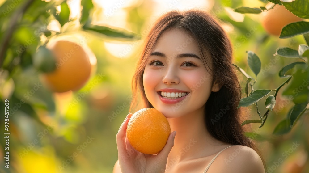 83. Happy Asian woman holding an orange, surrounded by the rich greenery and abundant fruit of an orchard, capturing a moment of relaxation and joy 83. Happy Asian woman holding an orange, surrounded by the rich greenery and abundant fruit of an orchard, capturing a moment of relaxation and joy