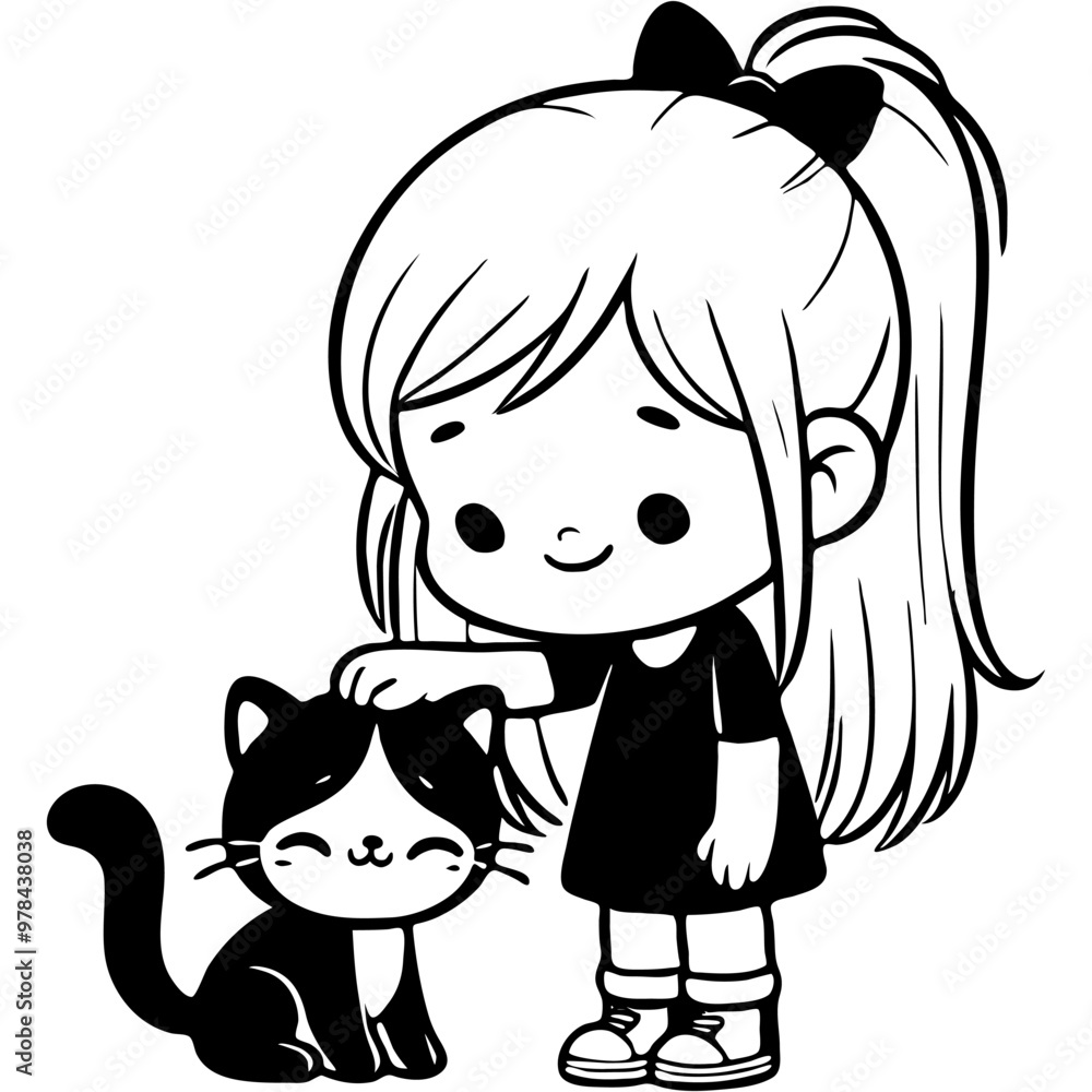 Girl stroking her pet cat head in monochrome. Simple minimalistic vector in black ink drawing on transparent background