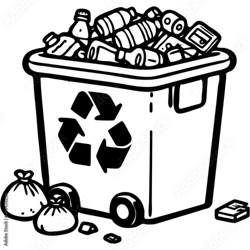 Wheeled trash bin for plastic waste in monochrome. Simple minimalistic vector in black ink drawing on transparent background