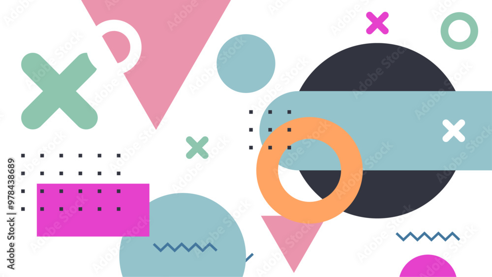 Abstract geometric shapes background with vibrant colors in modern design style. Colorful abstract geometric shapes including circles triangles and crosses create a lively and vibrant background Abstract geometric shapes background with vibrant colors in modern design style. Colorful abstract geometric shapes including circles triangles and crosses create a lively and vibrant background