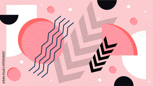 Modern abstract geometric pattern with pink and black shapes creating a dynamic and stylish design. This image features a modern abstract geometric pattern with pink black and white shapes