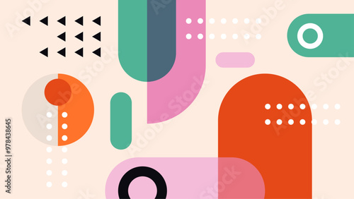 Colorful geometric abstract art with bold shapes and modern design in vibrant hues. This abstract art piece features a dynamic arrangement of geometric shapes in bright and vibrant colors