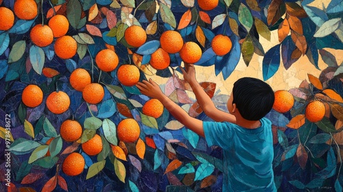 114. Gardener reaching for ripe oranges in a bountiful tangerine garden, with the vibrant colors of the fruit and leaves creating a stunning visual of harvest time