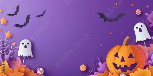 halloween banner frame with ghosts, bats and pumpkins in paper cut style