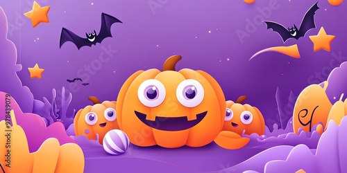 Smiling cartoon pumpkin face in a Halloween banner in paper cut out style