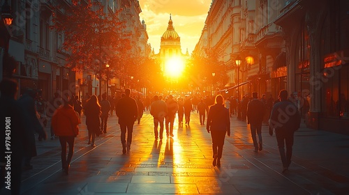 A crowd of people walk down a city street as the sun sets behind a building.