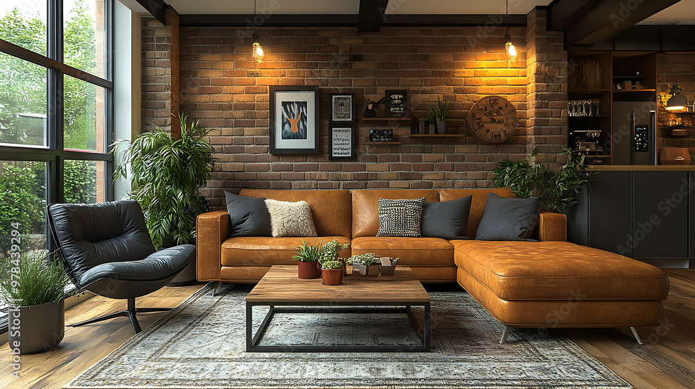 Modern Living Room Design with Exposed Brick Walls and Leather Sofa Modern Living Room Design with Exposed Brick Walls and Leather Sofa