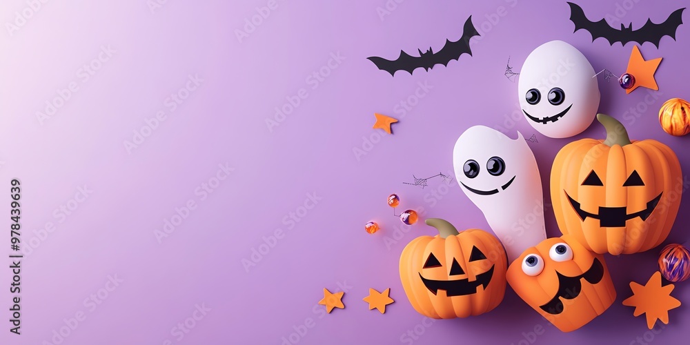 halloween banner frame with ghosts, bats and pumpkins in paper cut style halloween banner frame with ghosts, bats and pumpkins in paper cut style
