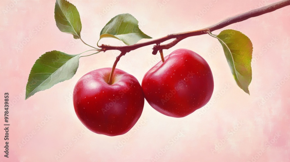 145. Two red apples with green leaves suspended from a branch, set against a pink background, highlighting the vibrant and appealing nature of the apples 145. Two red apples with green leaves suspended from a branch, set against a pink background, highlighting the vibrant and appealing nature of the apples