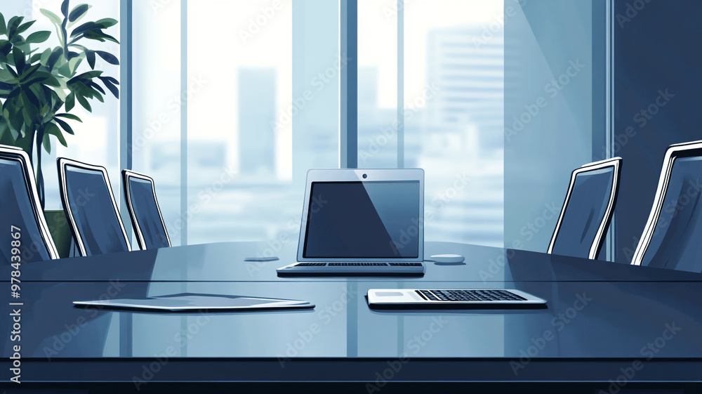 Modern conference room with laptops and large windows overlooking a cityscape during the day Modern conference room with laptops and large windows overlooking a cityscape during the day