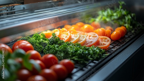 Fresh Produce Display: A vibrant and inviting display of fresh, ripe tomatoes and herbs in a commercial kitchen setting. The glistening, colorful vegetables create a visual feast, highlighting the qua photo