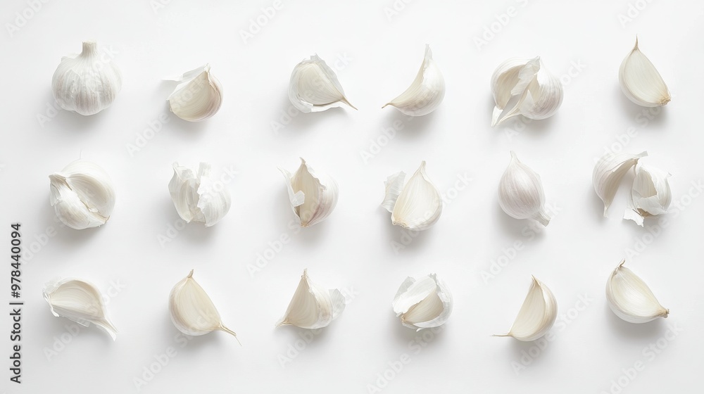 149. Artistic flat lay of garlic cloves isolated on a white background, with the simplicity and detail of each clove creating a striking visual 149. Artistic flat lay of garlic cloves isolated on a white background, with the simplicity and detail of each clove creating a striking visual