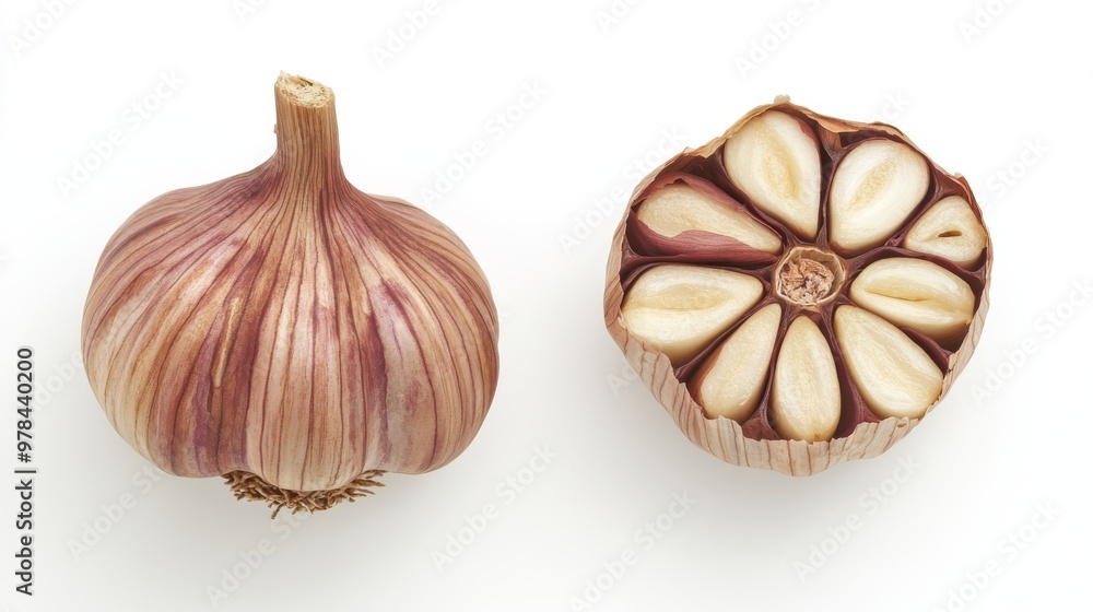 Obraz premium 151. Top view of a whole garlic bulb and a half-cut bulb on a white background, showcasing the intricate layers and textures of the garlic