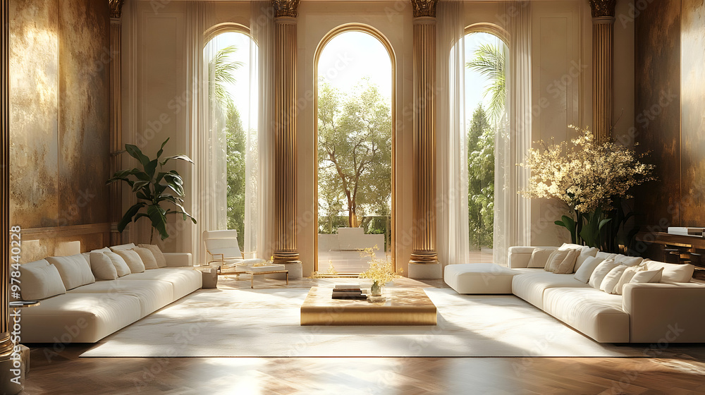 Luxury Living Room Design with White Couches, Golden Columns, and Arched Windows Luxury Living Room Design with White Couches, Golden Columns, and Arched Windows