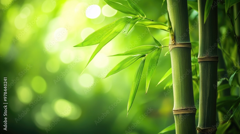 Obraz premium Closeup View of Green Bamboo Stalks with Lush Leaves, Nature's Beauty and Serenity