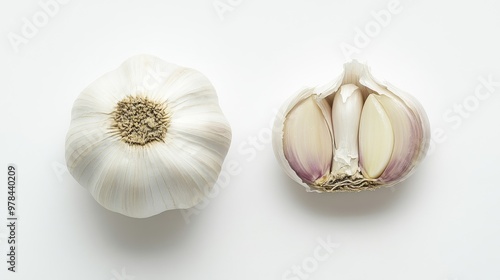 151. Top view of a whole garlic bulb and a half-cut bulb on a white background, showcasing the intricate layers and textures of the garlic photo