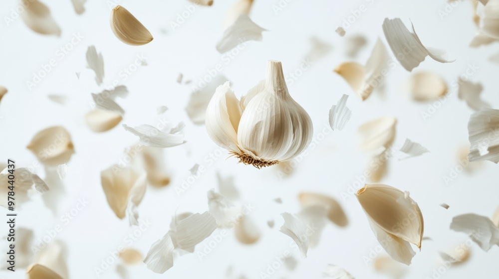 158. Detailed shot of garlic cloves flying through the air, isolated on a white background, highlighting the natural texture and dynamic composition 158. Detailed shot of garlic cloves flying through the air, isolated on a white background, highlighting the natural texture and dynamic composition