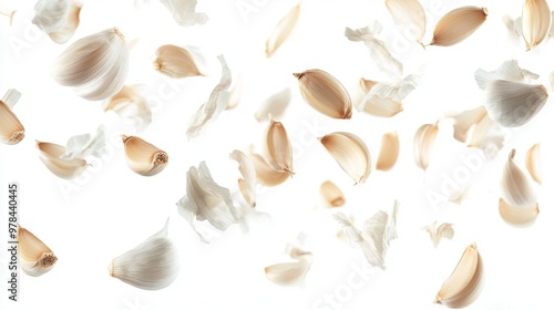 158. Detailed shot of garlic cloves flying through the air, isolated on a white background, highlighting the natural texture and dynamic composition