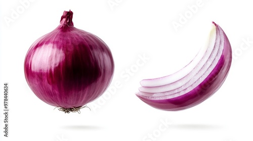 162. Detailed shot of a whole red onion and a slice suspended in the air, isolated on a white background, showcasing the texture and rich color of the onion