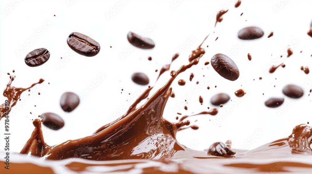 Fototapeta premium 5. Close-up shot of coffee splashing with individual beans floating in the air, creating a dynamic composition on a white background