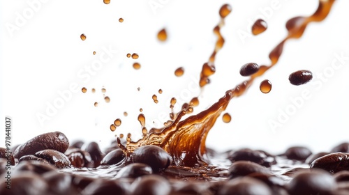 4. Vibrant coffee splash with droplets and coffee beans suspended in the air, perfectly contrasted by a pure white background photo