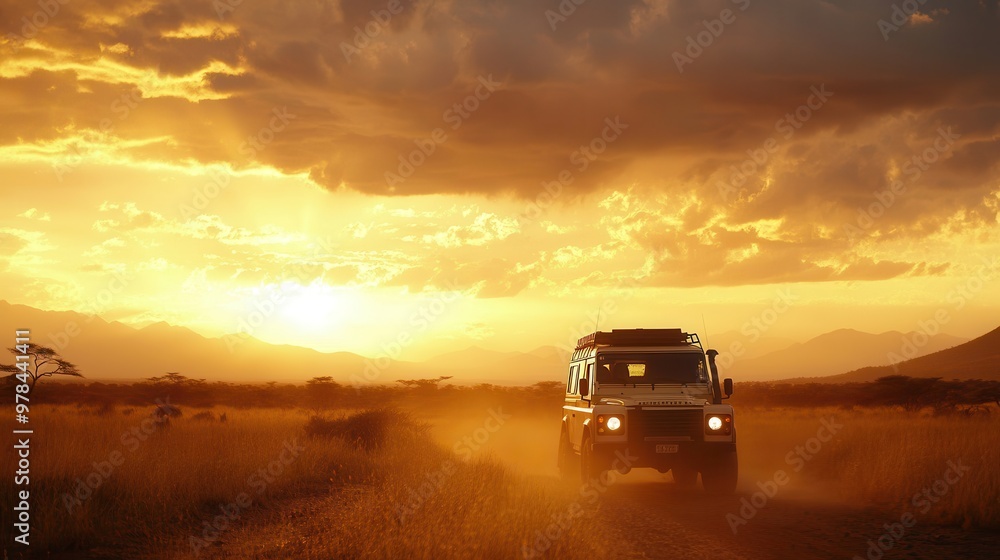 Fototapeta premium A rugged vehicle drives through golden savannah under a breathtaking sunset, capturing the essence of adventure and exploration.
