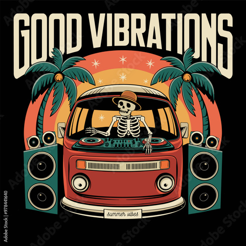 Retro Skeleton DJ with Palm Trees and Van Illustration