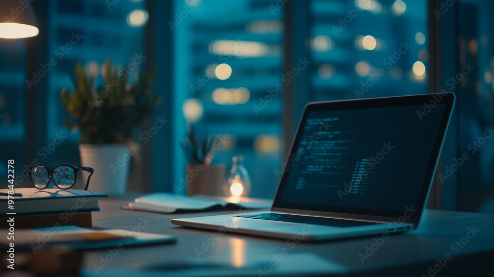 Late night work at a modern office with a glowing laptop and ambient city lights in view Late night work at a modern office with a glowing laptop and ambient city lights in view