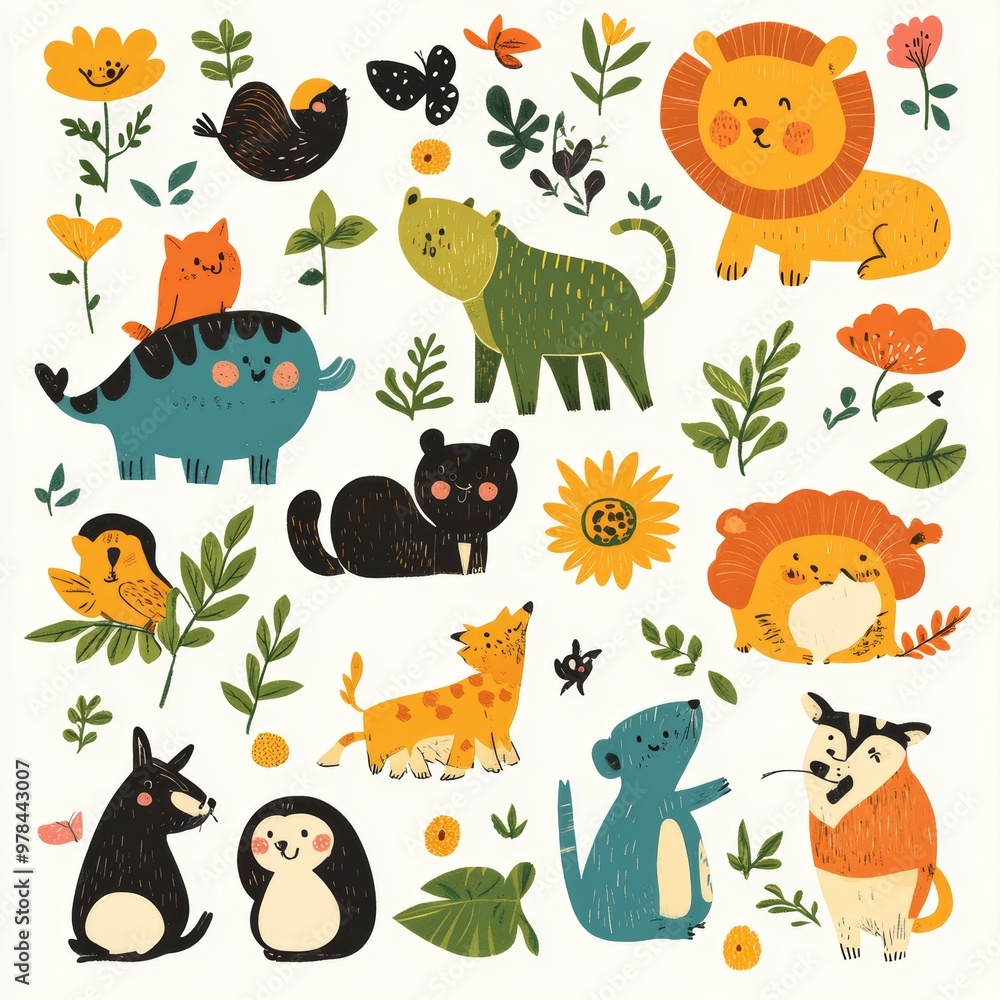 Obraz premium Cute Animal Illustration Set with Flowers and Leaves