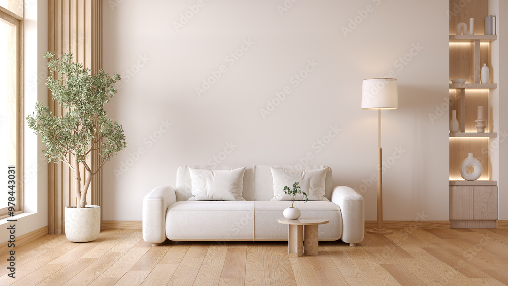 Fototapeta premium Minimalist living room with white sofa and coffee table near floor lamp with plant ,wood furniture and minimalist decor with white wall background .3d render