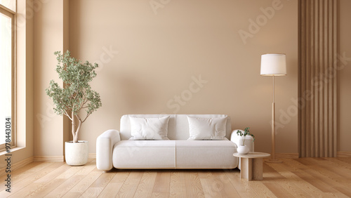 Minimalist living room with white sofa and coffee table near floor lamp with plant ,wood furniture and minimalist decor with warm cozy white wall background .3d render