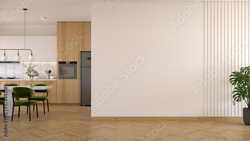 Tableau sur toile White  wall mockup with  modern kitchen  and dinning table have contemporary chair with  ceiling lamp and wood floor