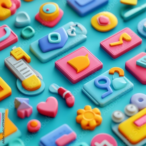 Colorful 3D Cartoon Icons on Blue Background