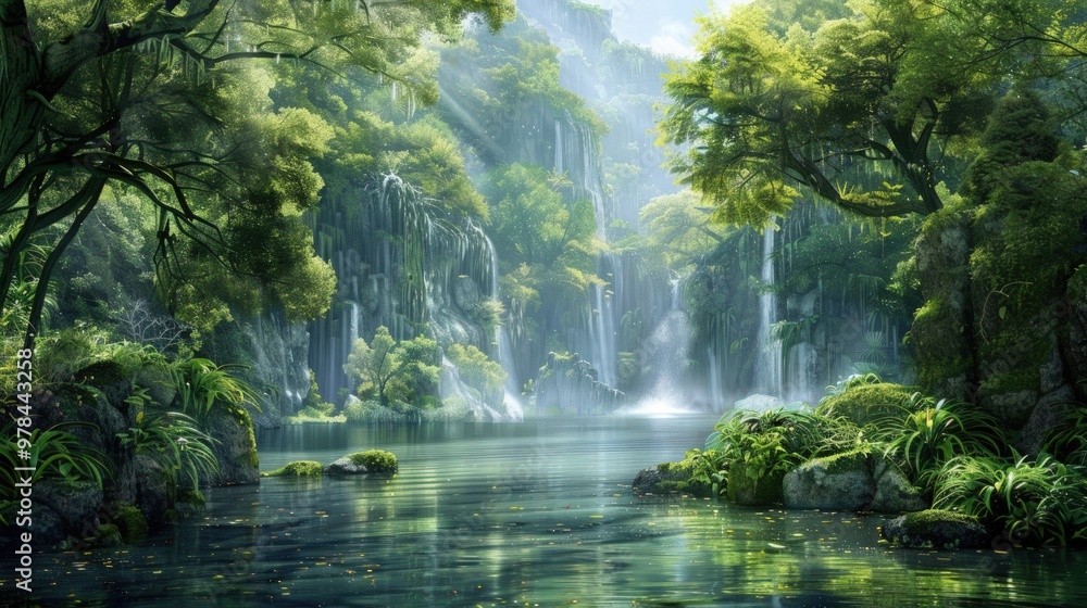 Serene Waterfall Oasis in Lush Green Jungle Serene Waterfall Oasis in Lush Green Jungle