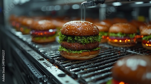 Burger Assembly Line: A close-up shot of juicy burgers grilling on a conveyor belt, showcasing the efficiency and precision of modern fast food production. 