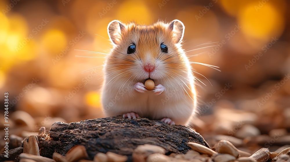 A cute hamster sitting on a rock with a seed in its paws, with a warm bokeh background. A cute hamster sitting on a rock with a seed in its paws, with a warm bokeh background.