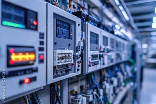 A high-tech industrial setting with rows of electrical panels, circuit breakers, and control systems, showcasing a complex network of wiring and digital displays 