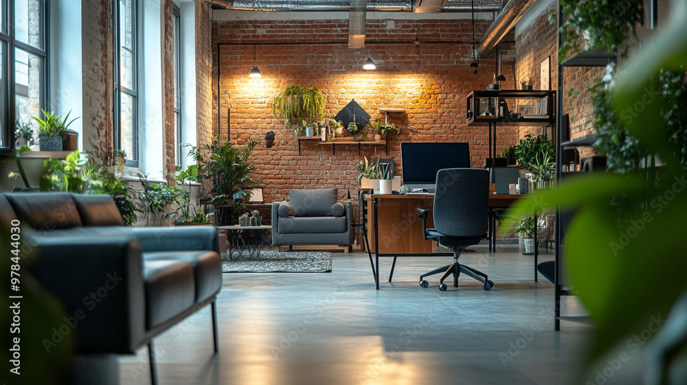 Obraz premium Modern workspace with plants and brick walls in a well-lit office during the afternoon