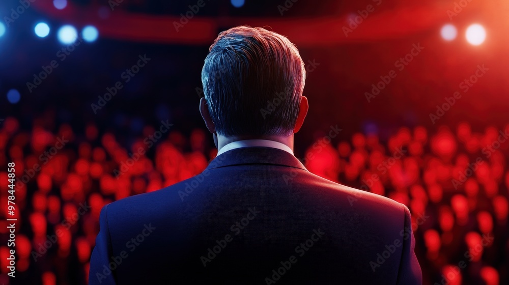 A speaker stands before a captivated audience, illuminated by dynamic lighting, ready to deliver a powerful message. A speaker stands before a captivated audience, illuminated by dynamic lighting, ready to deliver a powerful message.