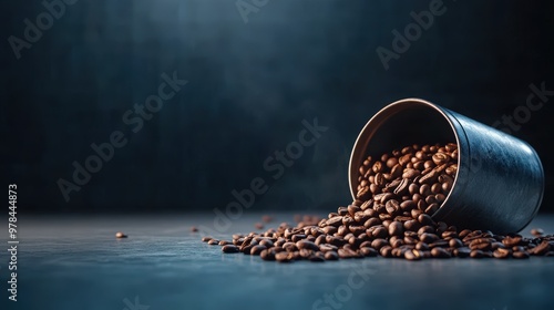 A spilled container of fresh coffee beans on a textured surface, creating an inviting atmosphere for coffee lovers.