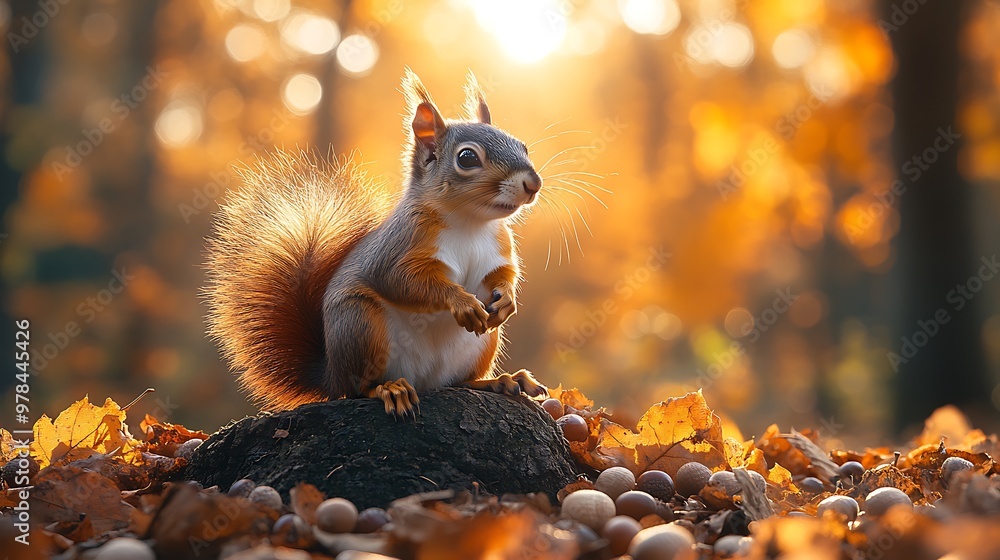 A cute red squirrel sits on a tree stump surrounded by fallen leaves and acorns in a forest during autumn. A cute red squirrel sits on a tree stump surrounded by fallen leaves and acorns in a forest during autumn.