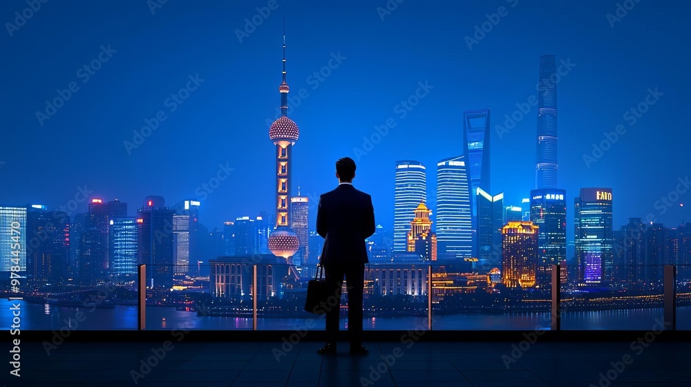 Business traveler standing in a hotel rooftop lounge