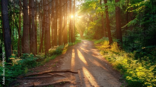 Sunbeams Through the Trees on a Forest Path