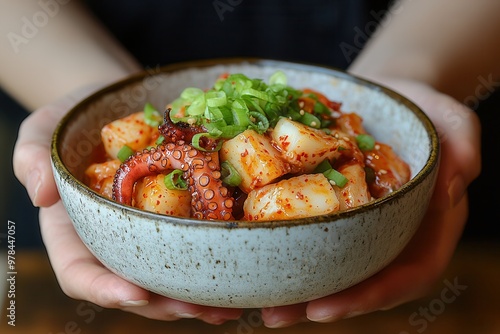 A vibrant bowl of octopus dish garnished with spring onions, perfect for food enthusiasts and culinary photography. photo