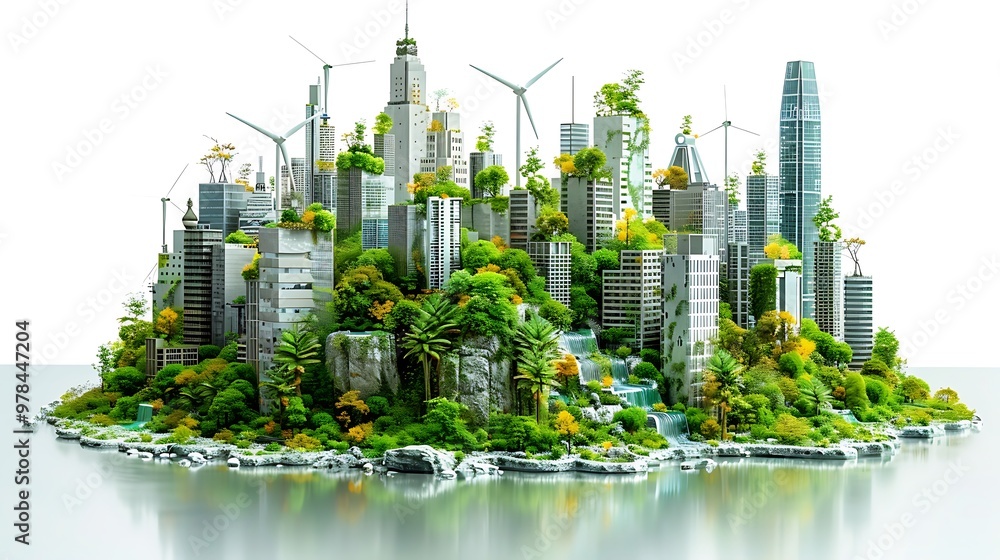 Obraz premium Green Cityscape: A miniature city model with wind turbines and lush greenery, symbolizing a sustainable future. The image evokes hope for a cleaner, greener world. 