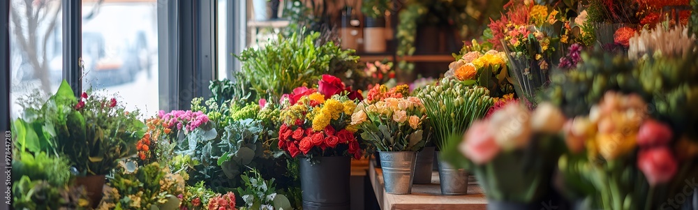 12. **A vibrant floral shop with neatly arranged bouquets and green plants. The backdrop is a simple, clear design to highlight the flowers. 12. **A vibrant floral shop with neatly arranged bouquets and green plants. The backdrop is a simple, clear design to highlight the flowers.